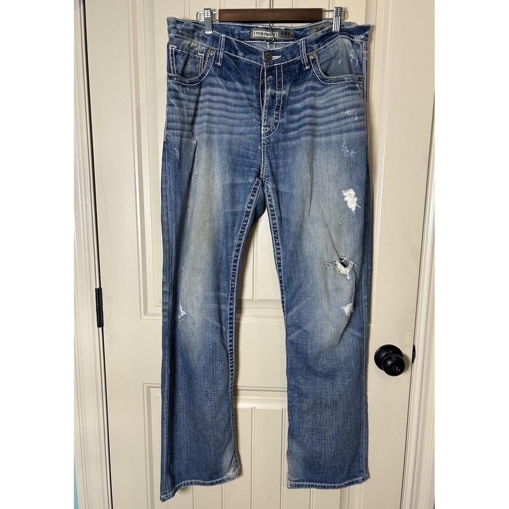 BKE Tyler Straight Jeans Mens 34R Blue Distressed Medium Wash Thick Stitch Denim